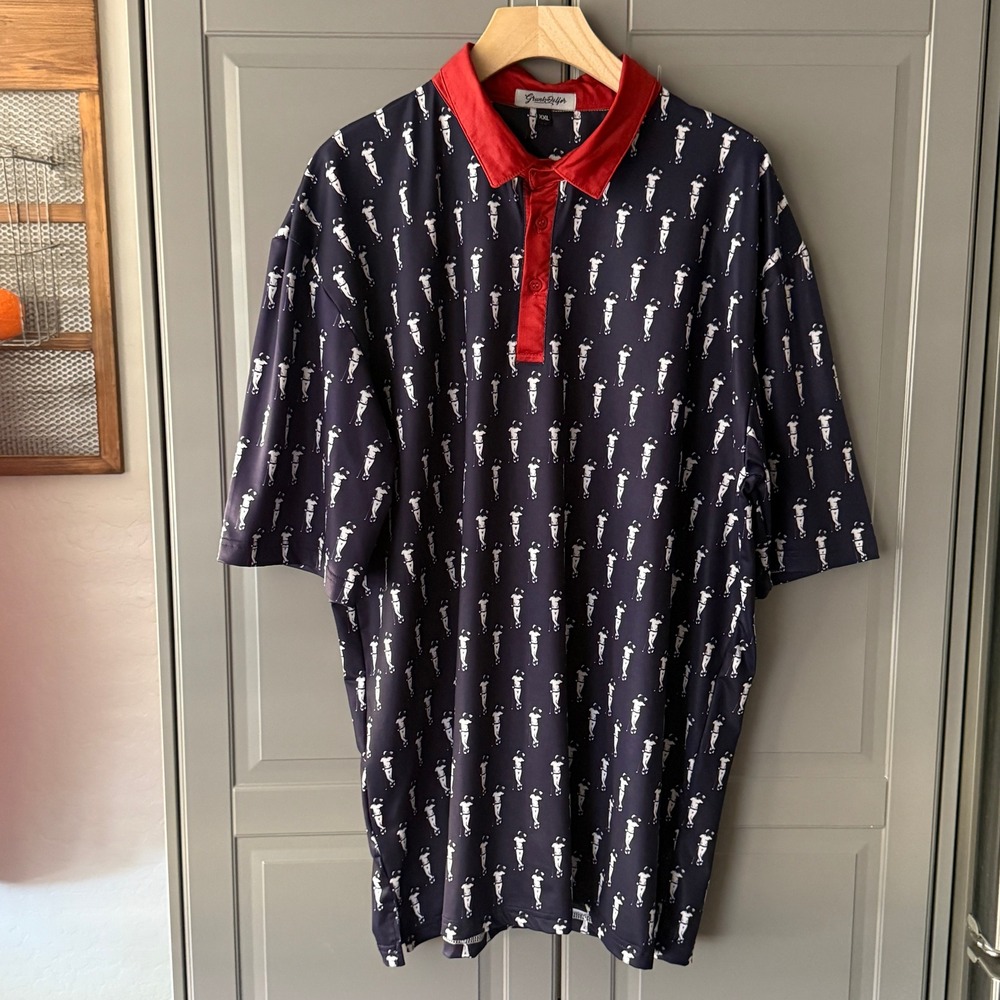Grunk Dolfers Men's All Over Print‎ UPF Polo Shirt, Navy Burnt Orange, XXL